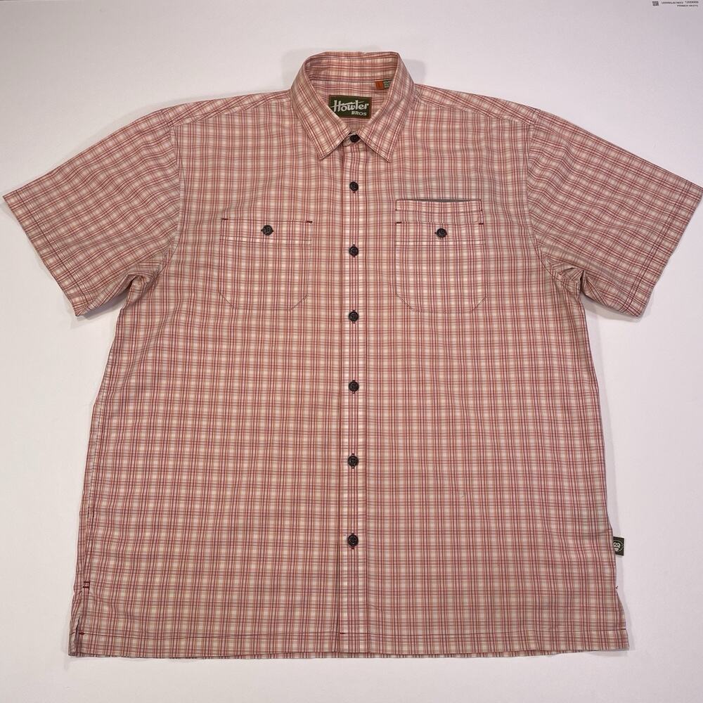 Howler Bros Button Up Shirt Men’s Large Plaid Short Sleeve Red Orange Monkey